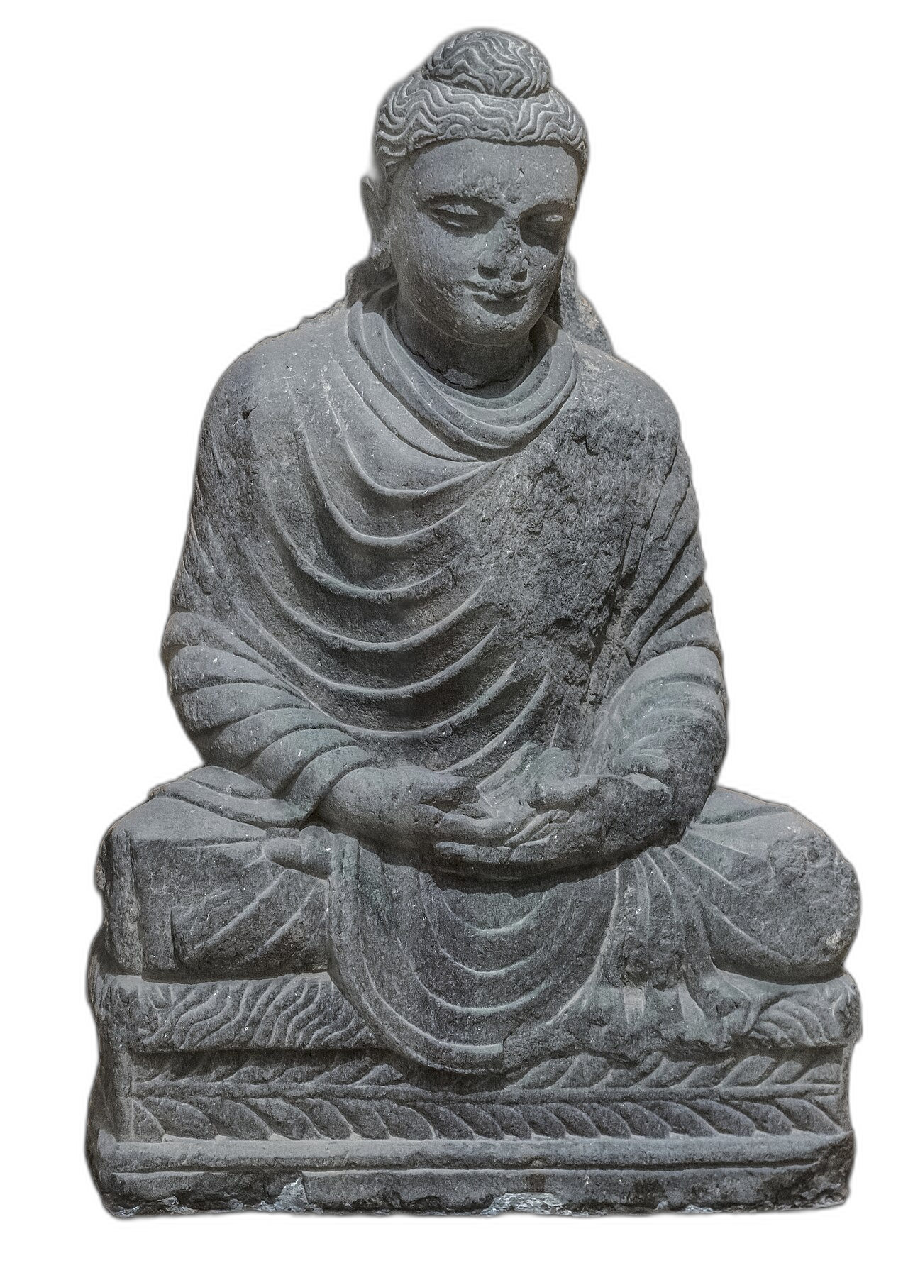 Gandhara Budası. Büyük İskender sonrası Yunan heykeltıraşların yorumuyla Buda: Zeus gibi kıvırcık saçlar, Yunan draperili kıyafet.