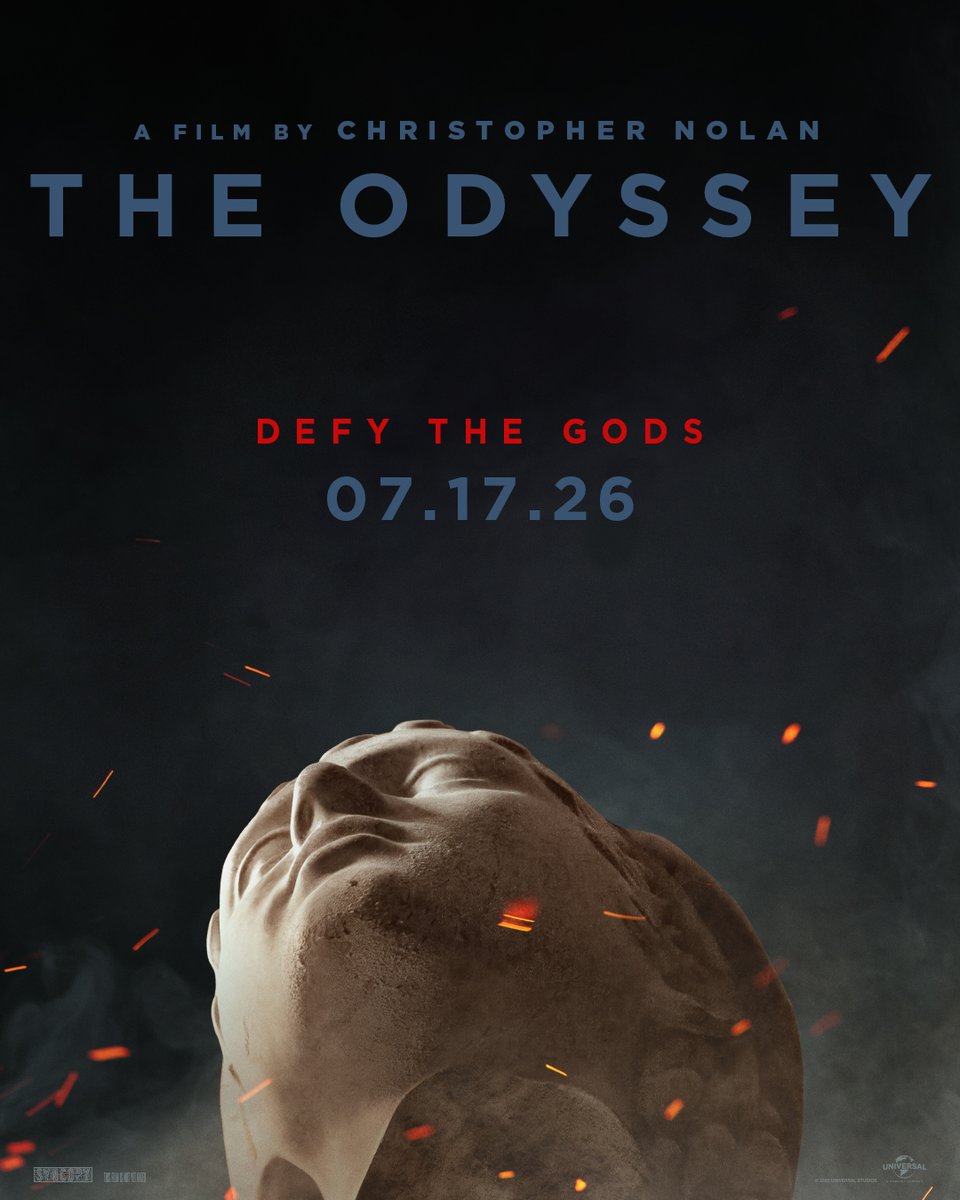 İkinci afiş: külün içinde yatan kesik bir heykel başı ve üç kelime. Defy the Gods.